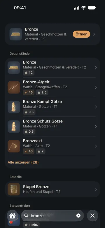 Suche nach „bronze“: das Material Bronze, dann Waffen und Götzen aus Bronze, Bauteile und Statuseffekte, nach Art gruppiert.