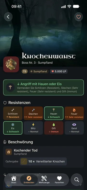 Die Seite von Knochenwanst: Angriff mit Hauen oder Eis, Resistenzen nach Schadensart und Beschwörung.