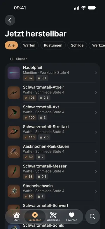 Jetzt herstellbar: die Waffen, die mit dem Fortschritt bis zu den Ebenen erreichbar sind, mit Herstellungsstation und Stufe.