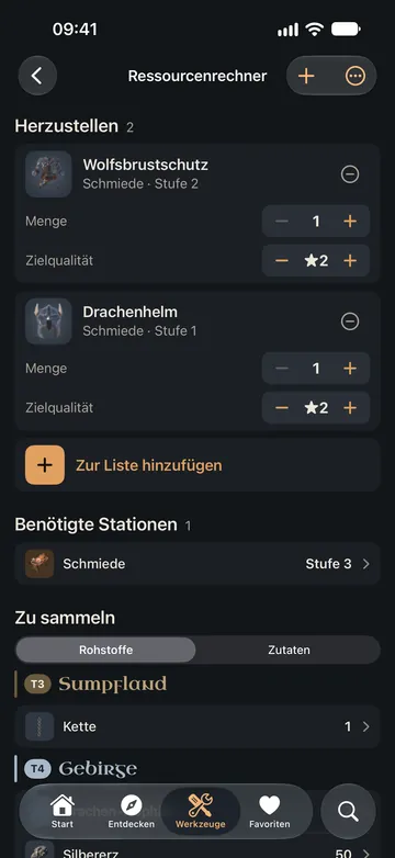 Der Ressourcenrechner: zwei Rüstungsteile zum Herstellen, die benötigte Station und die zu sammelnden Rohstoffe, Biom für Biom.