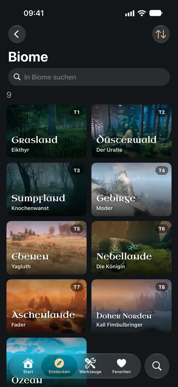 Die Liste der Biome, jedes mit seinem Tier und seinem Boss.