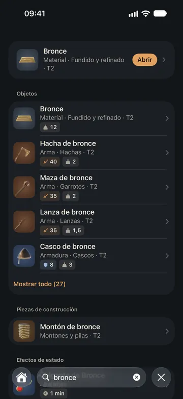 Búsqueda de «bronce»: el material Bronce y, después, armas y armaduras de bronce, piezas de construcción y efectos de estado, agrupados por tipo.