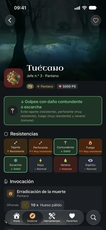 La ficha de Tuétano: golpea con daño contundente o escarcha, resistencias por tipo de daño e invocación.