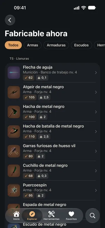 Fabricable ahora: las armas a tu alcance en la etapa de las Llanuras, con su estación de fabricación y su nivel.