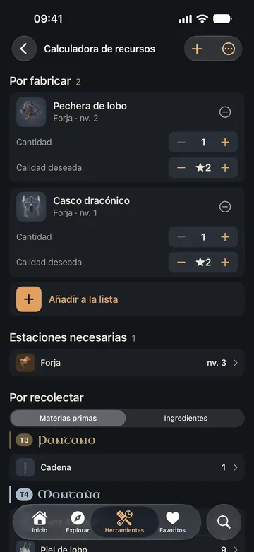 La calculadora de recursos: dos piezas de armadura por fabricar, la estación necesaria y las materias primas que recolectar, bioma a bioma.