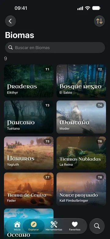 La lista de biomas, cada uno con su tier y su jefe.