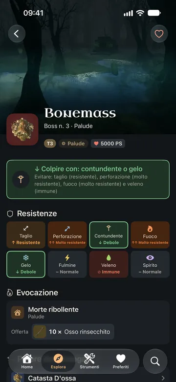 La scheda di Bonemass: colpire con contundente o gelo, resistenze per tipo di danno ed evocazione.