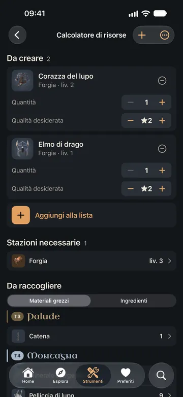 Il calcolatore di risorse: due pezzi di armatura da creare, la stazione necessaria e le materie prime da raccogliere, bioma per bioma.