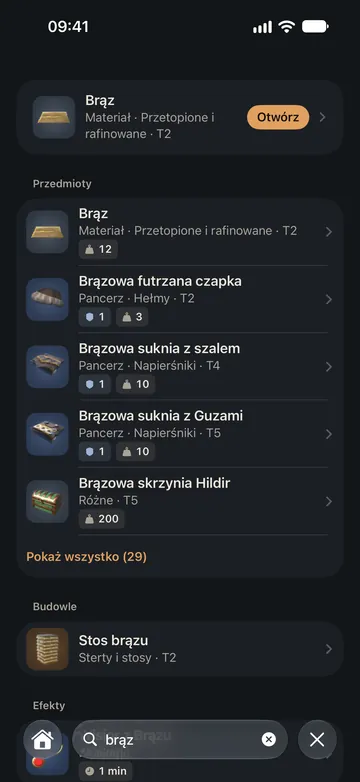 Wyszukiwanie „brąz”: materiał Brąz, a dalej brązowe pancerze i inne przedmioty, budowle oraz efekty, pogrupowane według typu.