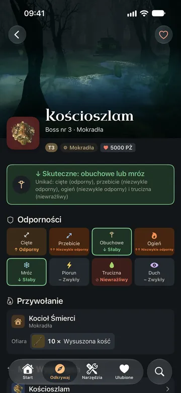 Strona bossa Kościoszlam: skuteczne obrażenia obuchowe lub mróz, odporności według rodzaju obrażeń i przywołanie.