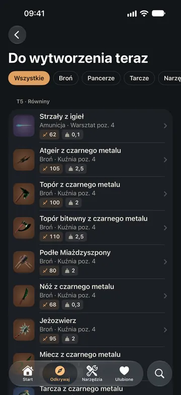 Do wytworzenia teraz: broń w zasięgu na etapie Równin, ze stanowiskiem rzemieślniczym i jego poziomem.