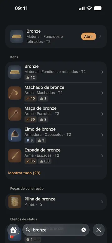 Busca por “bronze”: o material Bronze e, depois, armas e armaduras de bronze, peças de construção e efeitos de status, agrupados por tipo.