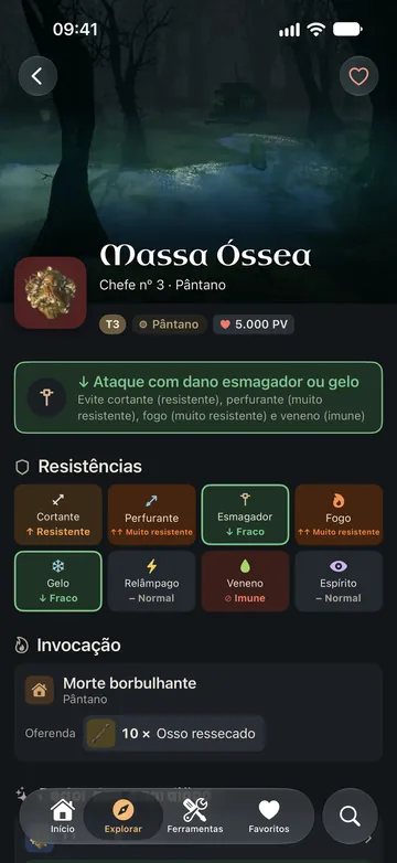 A página da Massa Óssea: ataque com dano esmagador ou gelo, resistências por tipo de dano e invocação.