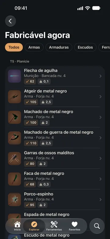 Fabricável agora: as armas ao seu alcance na etapa da Planície, com a bancada de produção e o nível necessário.