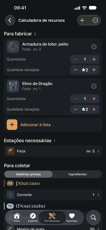 A calculadora de recursos: duas peças de armadura para fabricar, a estação necessária e as matérias-primas para coletar, bioma por bioma.