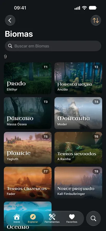 A lista de biomas, cada um com seu tier e seu chefe.