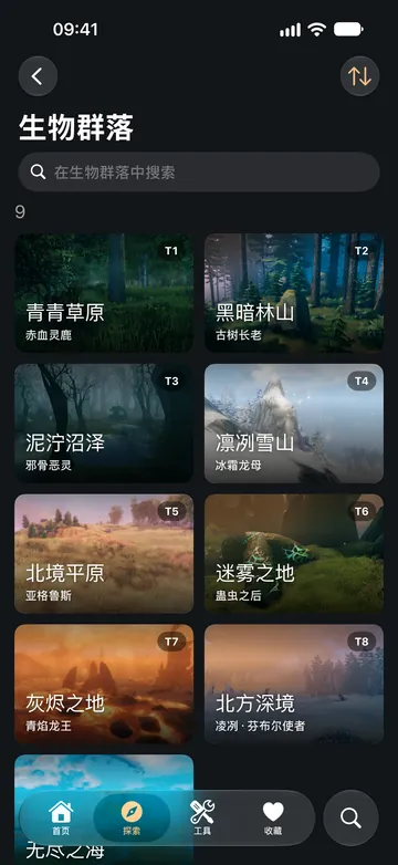 生物群落列表，每个都标出等阶和 Boss。