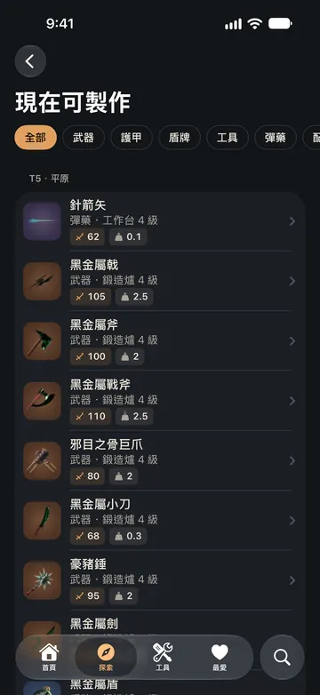 現在可製作：平原階段可製作的武器與彈藥，以及各自的製作台與等級。